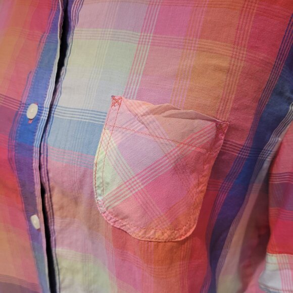 American Eagle Multicolor Plaid Short Sleeve Button Down Blouse Size Medium - Picture 6 of 15